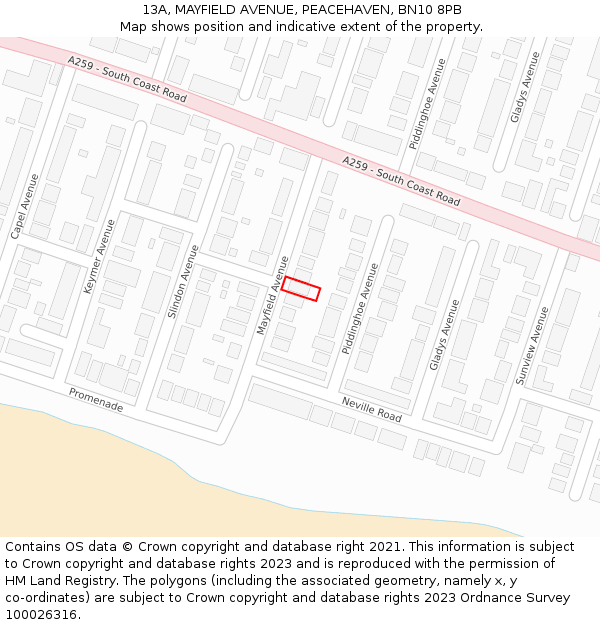 13A, MAYFIELD AVENUE, PEACEHAVEN, BN10 8PB: Location map and indicative extent of plot