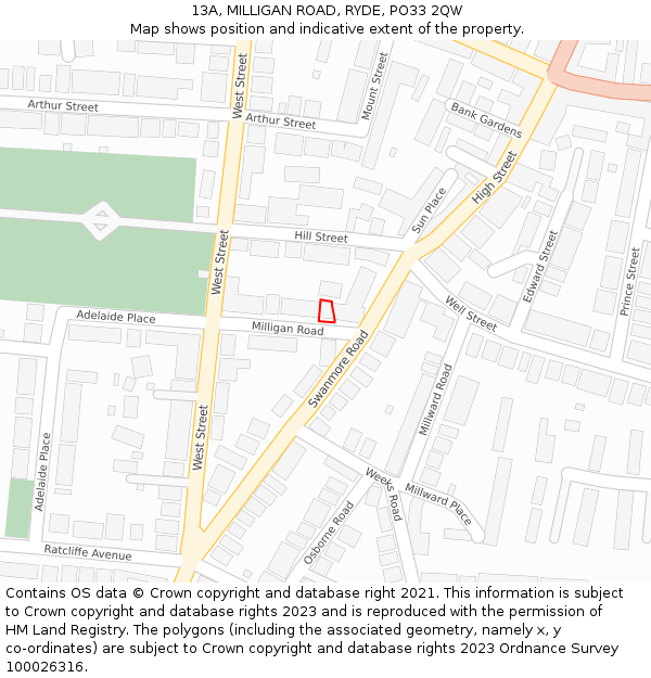 13A, MILLIGAN ROAD, RYDE, PO33 2QW: Location map and indicative extent of plot