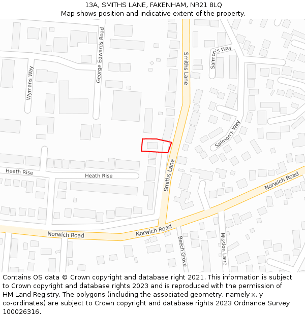 13A, SMITHS LANE, FAKENHAM, NR21 8LQ: Location map and indicative extent of plot