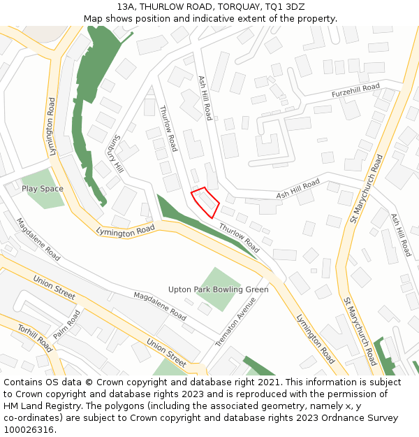 13A, THURLOW ROAD, TORQUAY, TQ1 3DZ: Location map and indicative extent of plot