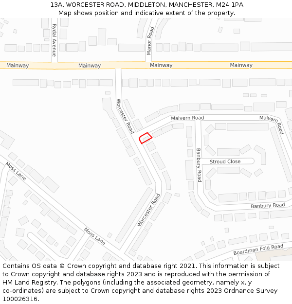13A, WORCESTER ROAD, MIDDLETON, MANCHESTER, M24 1PA: Location map and indicative extent of plot