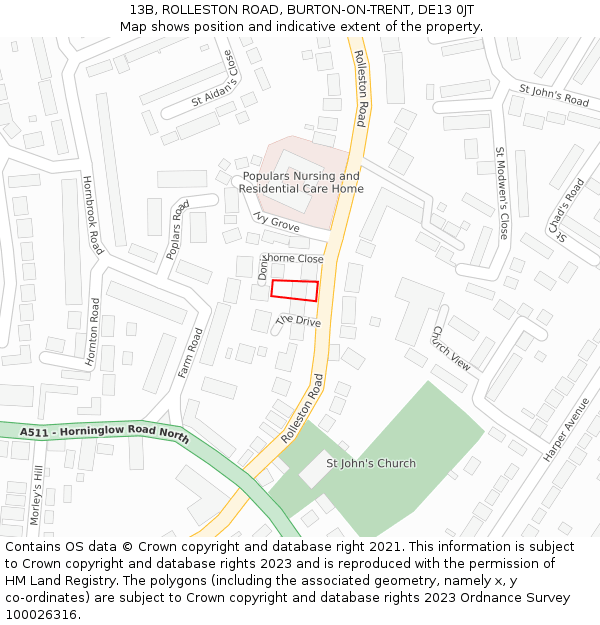 13B, ROLLESTON ROAD, BURTON-ON-TRENT, DE13 0JT: Location map and indicative extent of plot