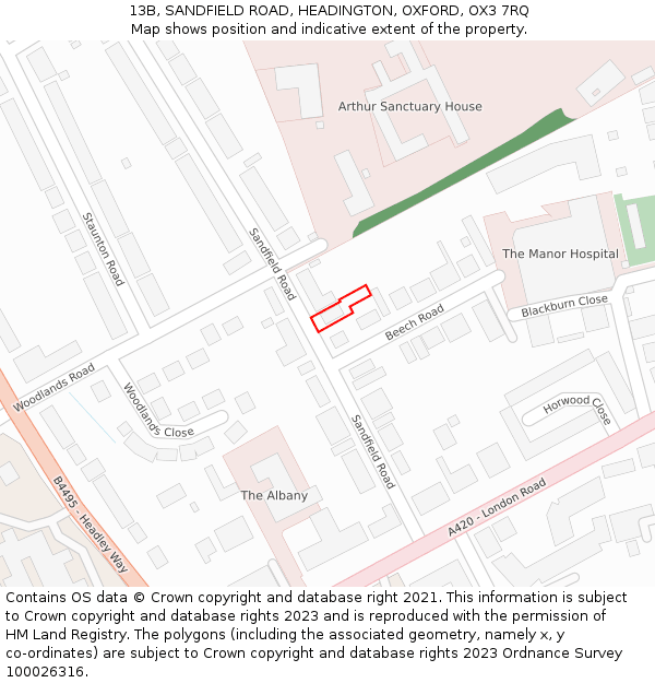 13B, SANDFIELD ROAD, HEADINGTON, OXFORD, OX3 7RQ: Location map and indicative extent of plot