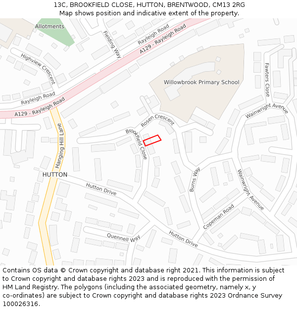 13C, BROOKFIELD CLOSE, HUTTON, BRENTWOOD, CM13 2RG: Location map and indicative extent of plot
