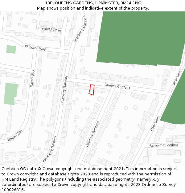 13E, QUEENS GARDENS, UPMINSTER, RM14 1NG: Location map and indicative extent of plot