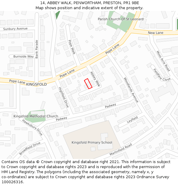 14, ABBEY WALK, PENWORTHAM, PRESTON, PR1 9BE: Location map and indicative extent of plot