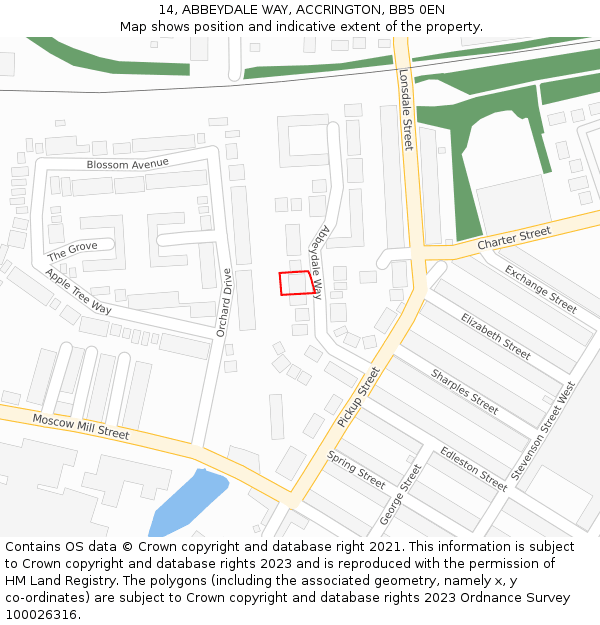 14, ABBEYDALE WAY, ACCRINGTON, BB5 0EN: Location map and indicative extent of plot