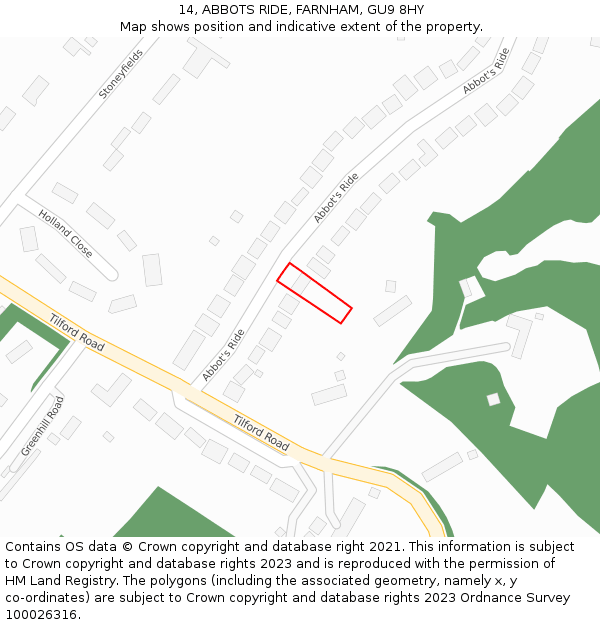 14, ABBOTS RIDE, FARNHAM, GU9 8HY: Location map and indicative extent of plot