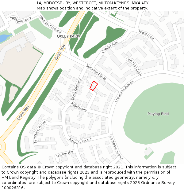 14, ABBOTSBURY, WESTCROFT, MILTON KEYNES, MK4 4EY: Location map and indicative extent of plot