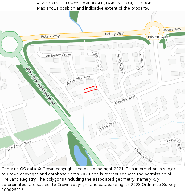 14, ABBOTSFIELD WAY, FAVERDALE, DARLINGTON, DL3 0GB: Location map and indicative extent of plot