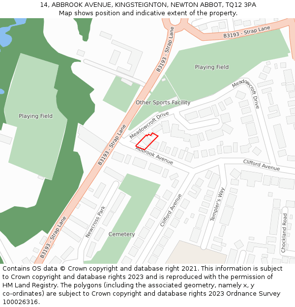 14, ABBROOK AVENUE, KINGSTEIGNTON, NEWTON ABBOT, TQ12 3PA: Location map and indicative extent of plot