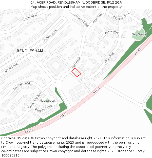 14, ACER ROAD, RENDLESHAM, WOODBRIDGE, IP12 2GA: Location map and indicative extent of plot