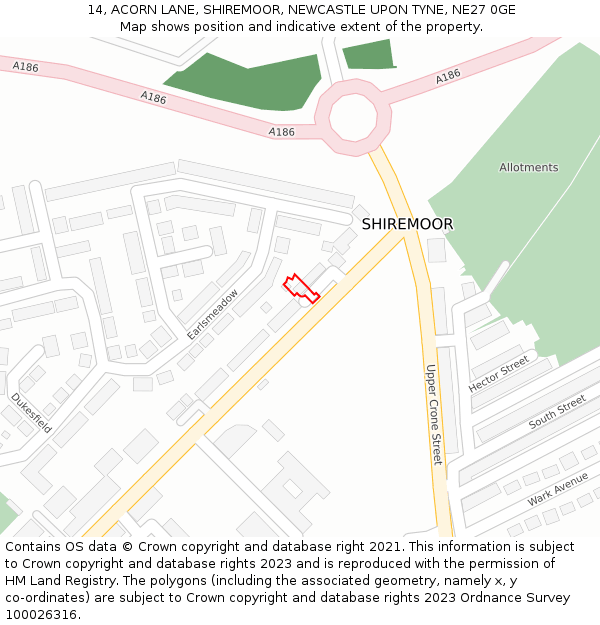 14, ACORN LANE, SHIREMOOR, NEWCASTLE UPON TYNE, NE27 0GE: Location map and indicative extent of plot