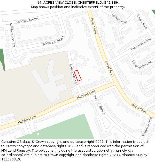 14, ACRES VIEW CLOSE, CHESTERFIELD, S41 8BH: Location map and indicative extent of plot