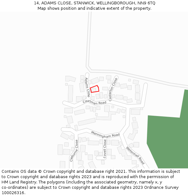 14, ADAMS CLOSE, STANWICK, WELLINGBOROUGH, NN9 6TQ: Location map and indicative extent of plot