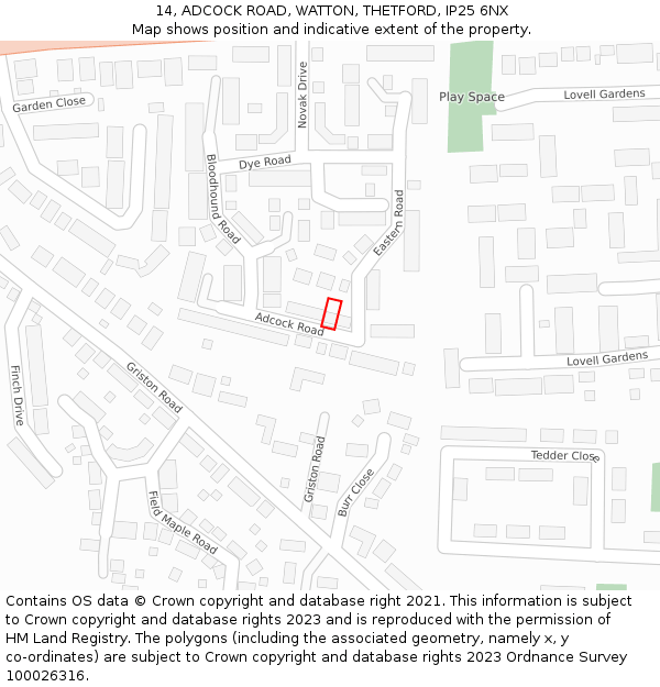 14, ADCOCK ROAD, WATTON, THETFORD, IP25 6NX: Location map and indicative extent of plot