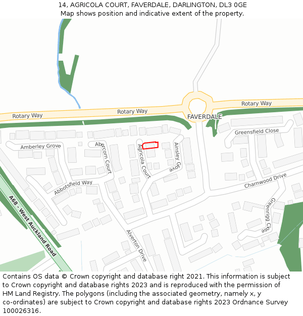 14, AGRICOLA COURT, FAVERDALE, DARLINGTON, DL3 0GE: Location map and indicative extent of plot