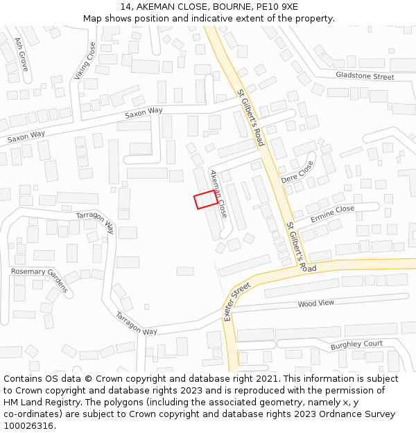 14, AKEMAN CLOSE, BOURNE, PE10 9XE: Location map and indicative extent of plot