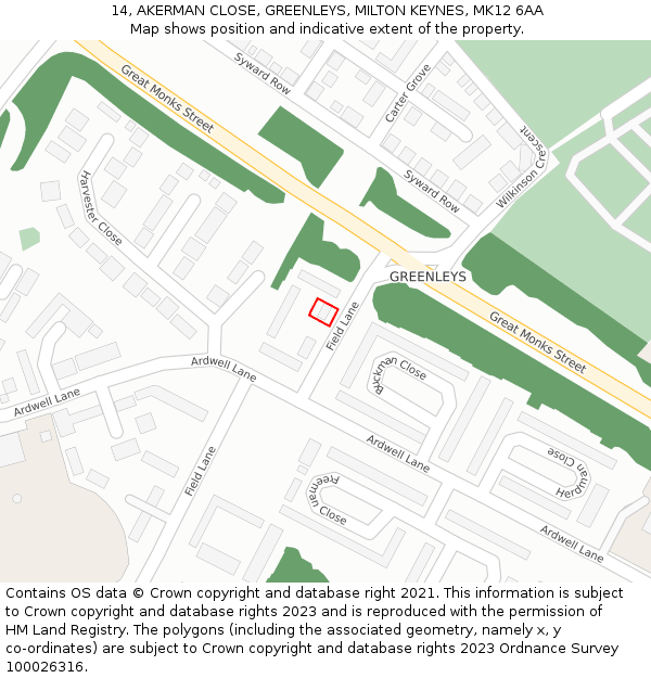 14, AKERMAN CLOSE, GREENLEYS, MILTON KEYNES, MK12 6AA: Location map and indicative extent of plot