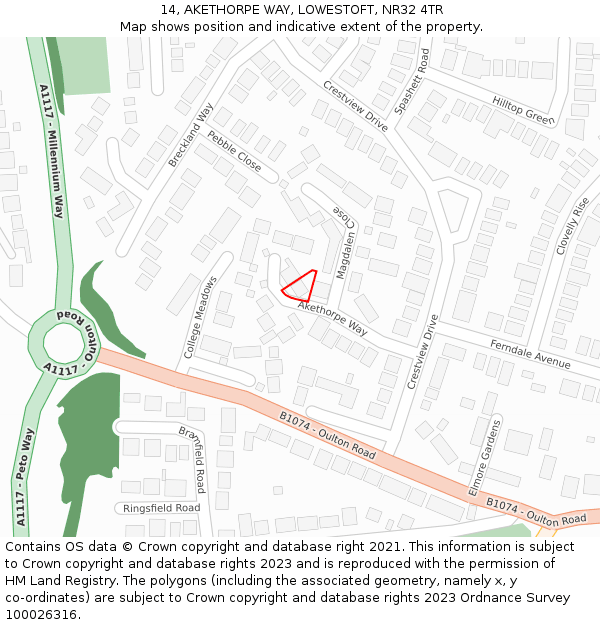 14, AKETHORPE WAY, LOWESTOFT, NR32 4TR: Location map and indicative extent of plot