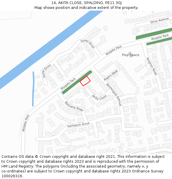 14, AKITA CLOSE, SPALDING, PE11 3GJ: Location map and indicative extent of plot