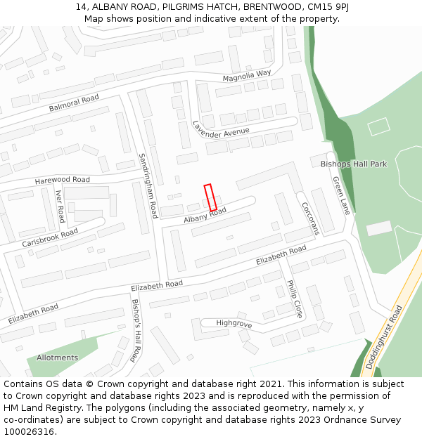14, ALBANY ROAD, PILGRIMS HATCH, BRENTWOOD, CM15 9PJ: Location map and indicative extent of plot