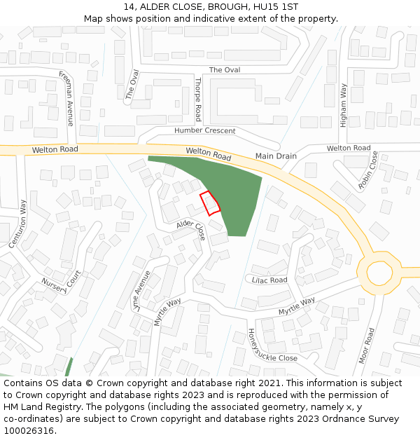 14, ALDER CLOSE, BROUGH, HU15 1ST: Location map and indicative extent of plot