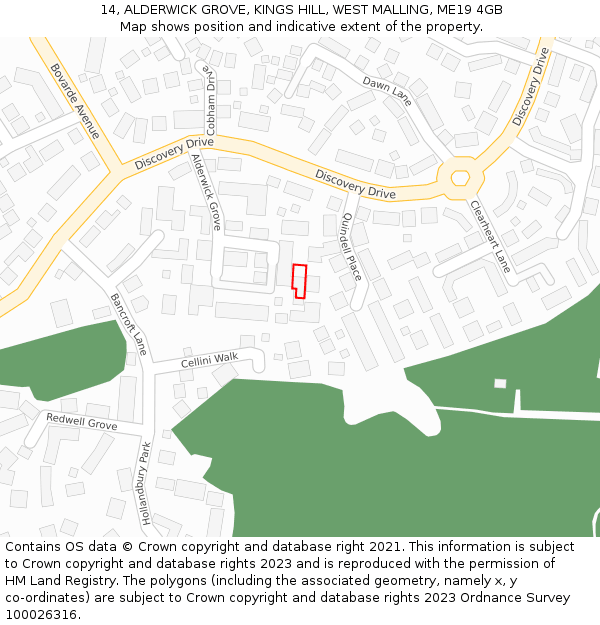 14, ALDERWICK GROVE, KINGS HILL, WEST MALLING, ME19 4GB: Location map and indicative extent of plot