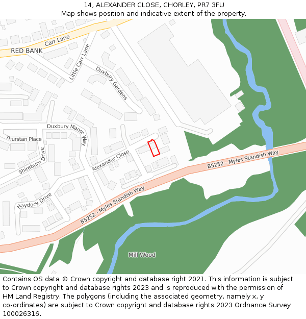 14, ALEXANDER CLOSE, CHORLEY, PR7 3FU: Location map and indicative extent of plot