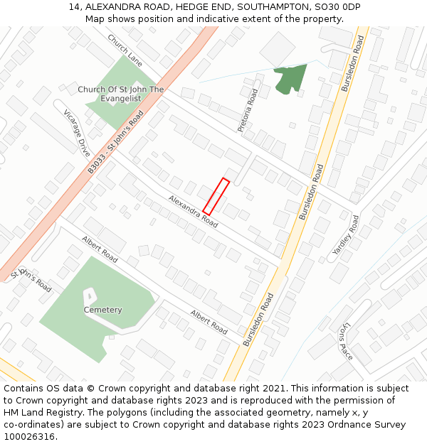 14, ALEXANDRA ROAD, HEDGE END, SOUTHAMPTON, SO30 0DP: Location map and indicative extent of plot