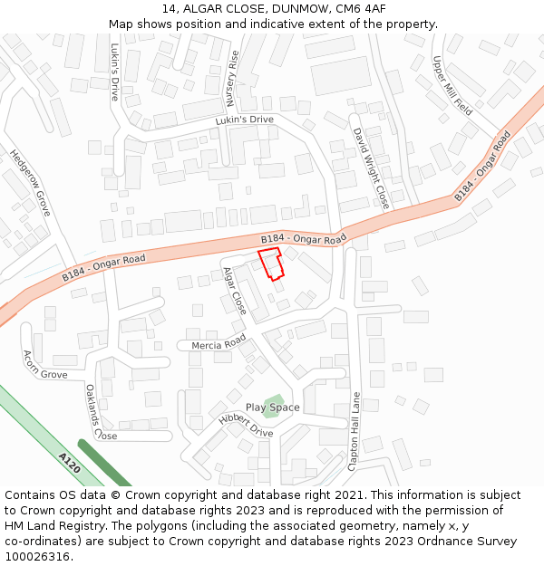 14, ALGAR CLOSE, DUNMOW, CM6 4AF: Location map and indicative extent of plot