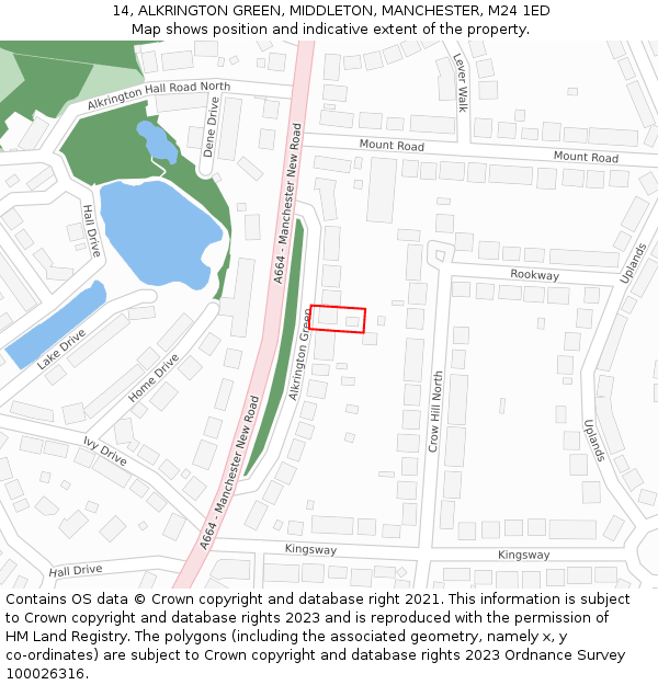 14, ALKRINGTON GREEN, MIDDLETON, MANCHESTER, M24 1ED: Location map and indicative extent of plot