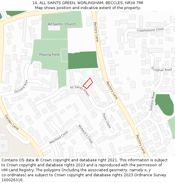 14, ALL SAINTS GREEN, WORLINGHAM, BECCLES, NR34 7RR: Location map and indicative extent of plot