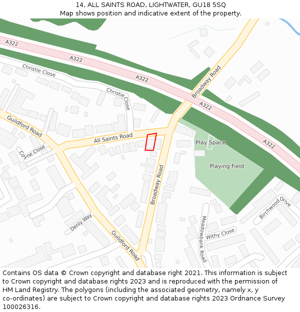 14, ALL SAINTS ROAD, LIGHTWATER, GU18 5SQ: Location map and indicative extent of plot