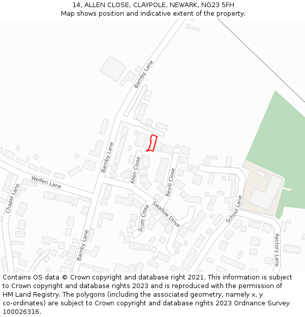 14, ALLEN CLOSE, CLAYPOLE, NEWARK, NG23 5FH: Location map and indicative extent of plot