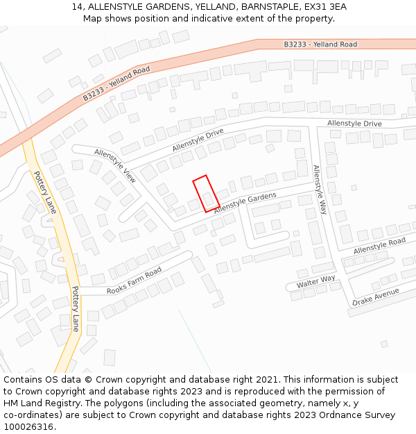 14, ALLENSTYLE GARDENS, YELLAND, BARNSTAPLE, EX31 3EA: Location map and indicative extent of plot