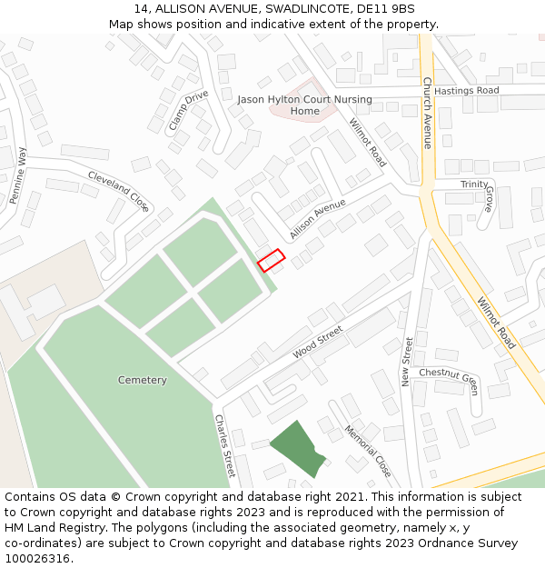 14, ALLISON AVENUE, SWADLINCOTE, DE11 9BS: Location map and indicative extent of plot