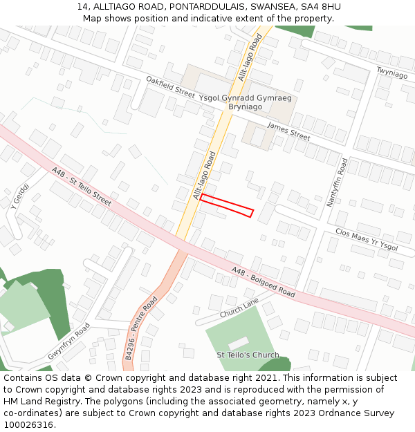 14, ALLTIAGO ROAD, PONTARDDULAIS, SWANSEA, SA4 8HU: Location map and indicative extent of plot