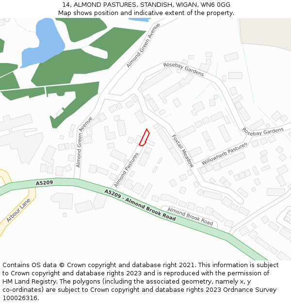 14, ALMOND PASTURES, STANDISH, WIGAN, WN6 0GG: Location map and indicative extent of plot