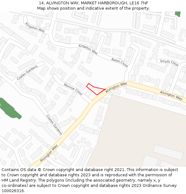 14, ALVINGTON WAY, MARKET HARBOROUGH, LE16 7NF: Location map and indicative extent of plot