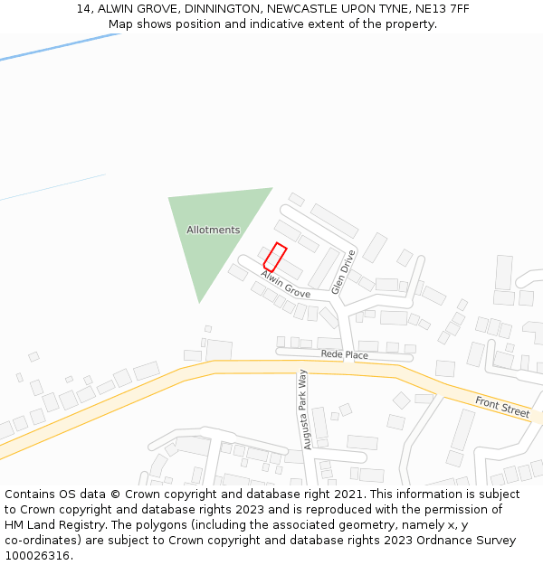 14, ALWIN GROVE, DINNINGTON, NEWCASTLE UPON TYNE, NE13 7FF: Location map and indicative extent of plot