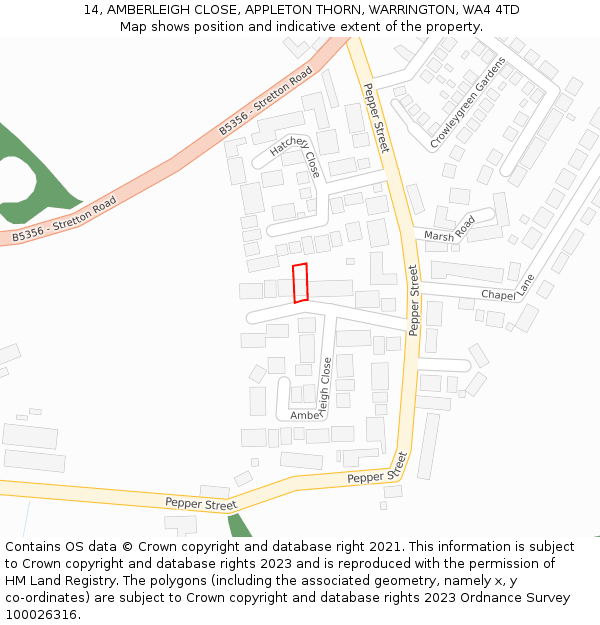 14, AMBERLEIGH CLOSE, APPLETON THORN, WARRINGTON, WA4 4TD: Location map and indicative extent of plot