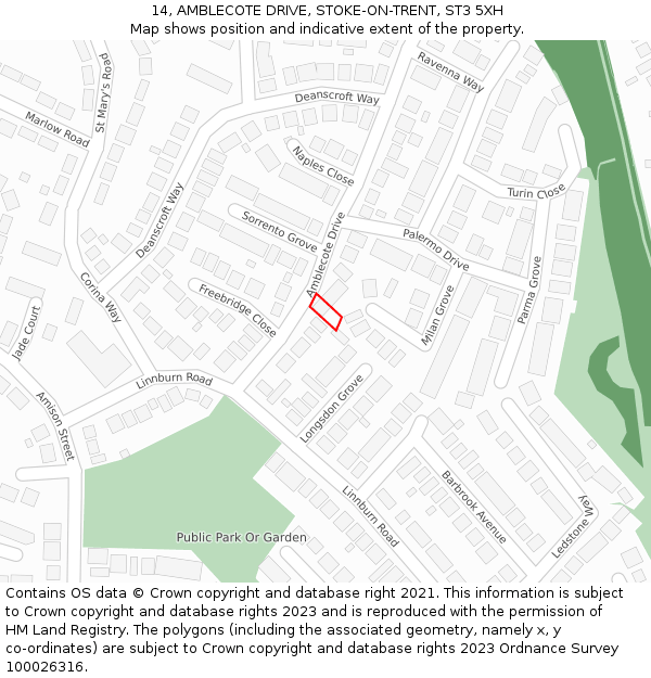 14, AMBLECOTE DRIVE, STOKE-ON-TRENT, ST3 5XH: Location map and indicative extent of plot