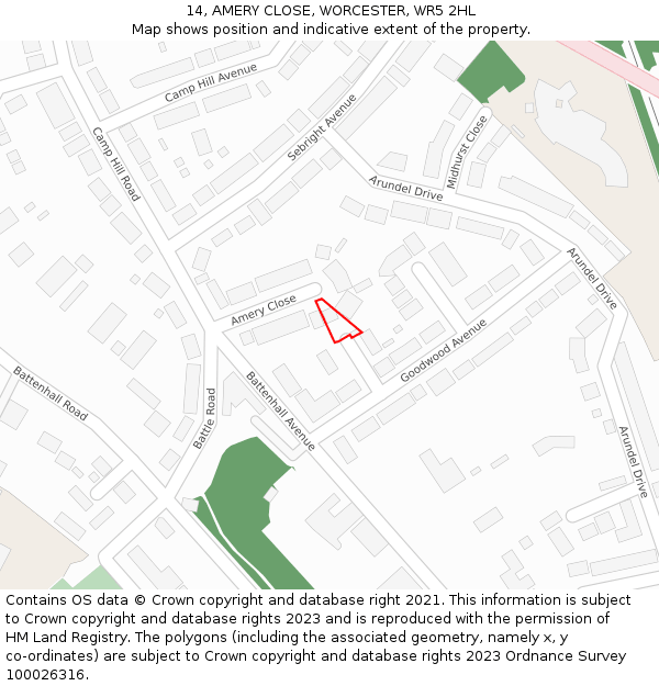 14, AMERY CLOSE, WORCESTER, WR5 2HL: Location map and indicative extent of plot