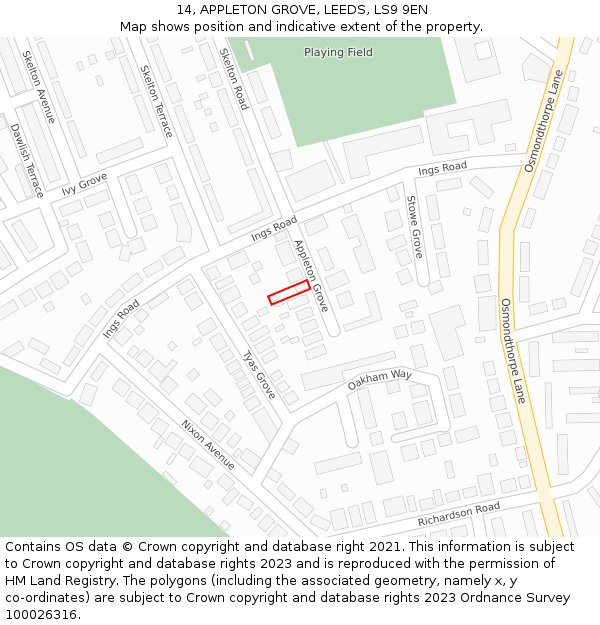 14, APPLETON GROVE, LEEDS, LS9 9EN: Location map and indicative extent of plot