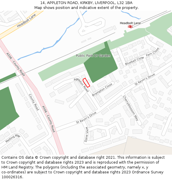 14, APPLETON ROAD, KIRKBY, LIVERPOOL, L32 1BA: Location map and indicative extent of plot