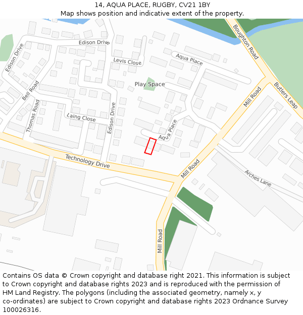 14, AQUA PLACE, RUGBY, CV21 1BY: Location map and indicative extent of plot