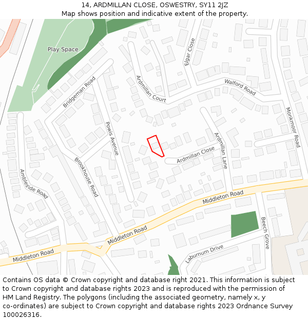 14, ARDMILLAN CLOSE, OSWESTRY, SY11 2JZ: Location map and indicative extent of plot