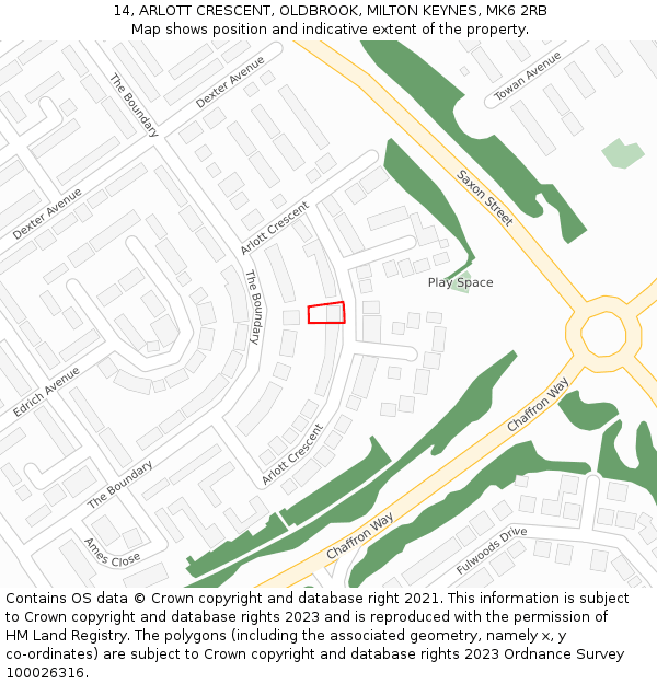 14, ARLOTT CRESCENT, OLDBROOK, MILTON KEYNES, MK6 2RB: Location map and indicative extent of plot