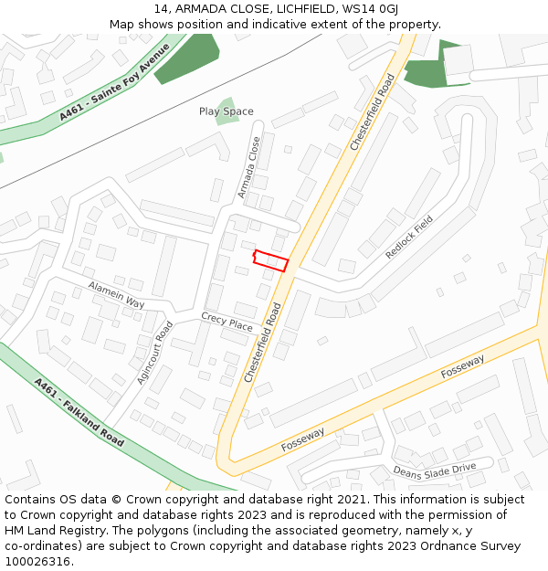 14, ARMADA CLOSE, LICHFIELD, WS14 0GJ: Location map and indicative extent of plot